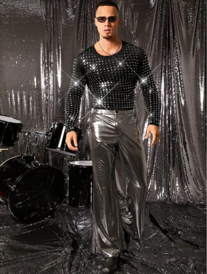 Men's Rhinestone Decorated Tight Fit Crew Neck Long Sleeve T - Shirt